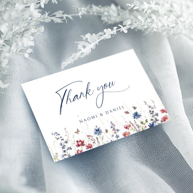 Navy Blue Watercolor Wildflower Rustic Wedding Dankeskarte (Navy Blue Watercolor Wildflower Rustic Wedding Thank You Card)