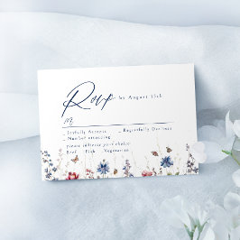 Navy Blue Watercolor Wildflower Rustic Wedding RSVP Karte
