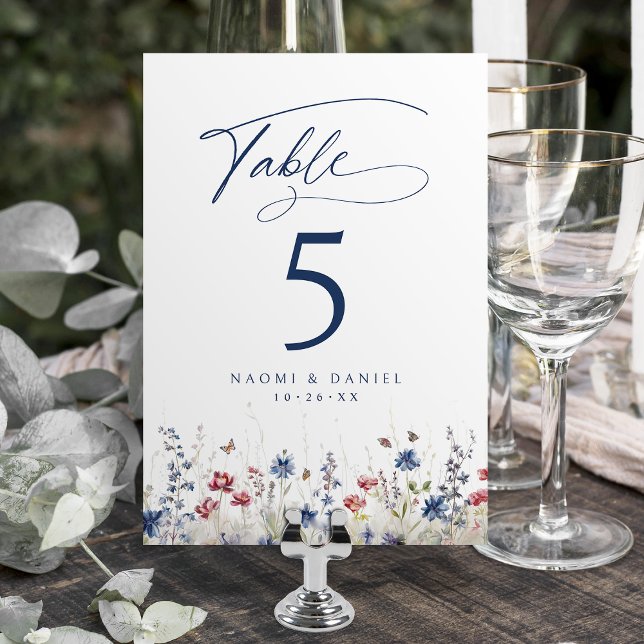 Navy Blue Watercolor Wildflower Rustic Wedding Tischnummer (Navy Blue Watercolor Wildflower Rustic Wedding Table Number)