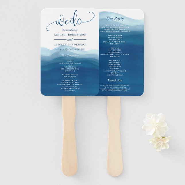 Navy Blue We Do Watercolor Ombre Wedding Fächer (Vorne und Hinten)
