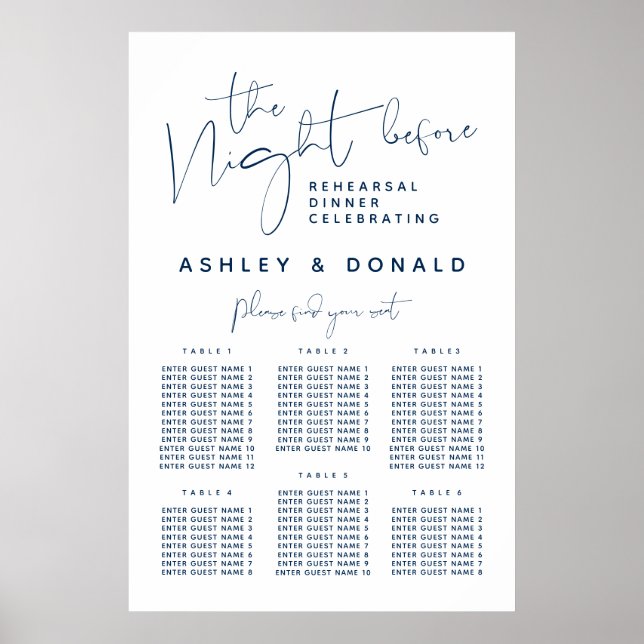Navy Blue, Wedding Dinner Guest Seating Charts Poster (Vorne)