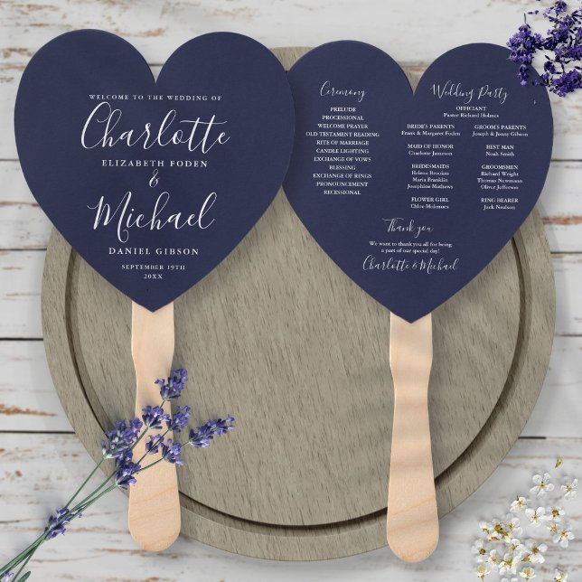 Navy Blue Wedding Program Heart Hand Fan Fächer (Von Creator hochgeladen)