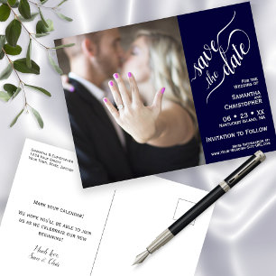 Navy Blue Wedding Save the Date Foto Calligraphy Ankündigungspostkarte
