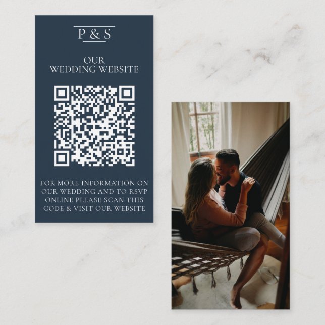 Navy Blue Wedding Website QR Code Photo Rsvp Begleitkarte (Vorne/Hinten)