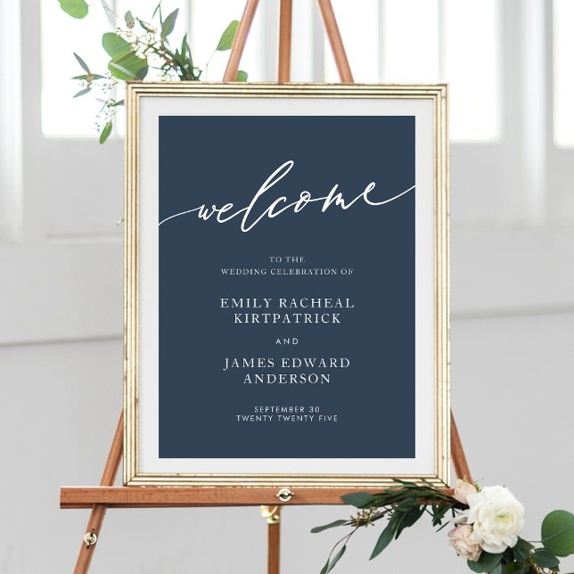 Navy Blue Welcome Calligraphy Simple Wedding Poster (Von Creator hochgeladen)