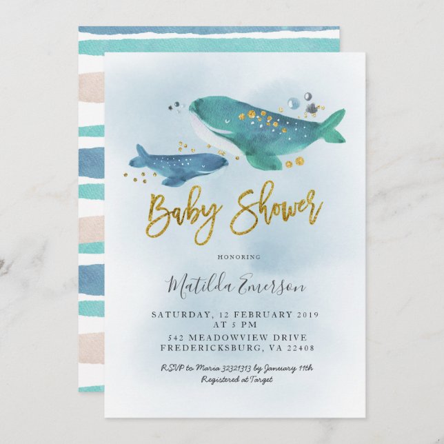 Navy Blue Whale Baby Shower Einladung (Vorne/Hinten)