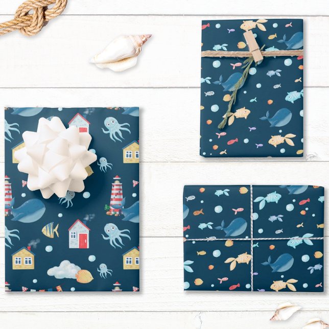 Navy Blue Whale Geschenkpapier Set (Cute Nautical Gift Wrap for Birthdays or Baby Showers)