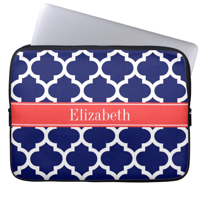Navy Blue Whcan #5 Coral Red Name Monogram Laptopschutzhülle (Vorderseite)