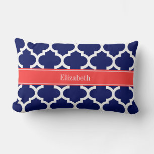 Navy Blue Whcan #5 Coral Red Name Monogram Lendenkissen