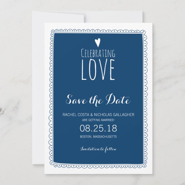 Navy Blue Whimsical Doodle Frame Save the Date Einladung (Vorderseite)