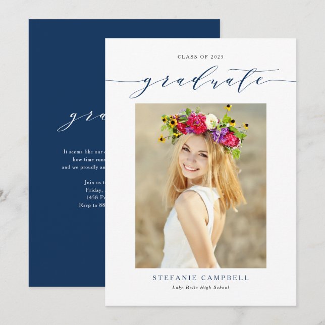Navy Blue Whimsical Script Foto Abschluss Ankündigung (Vorne/Hinten)