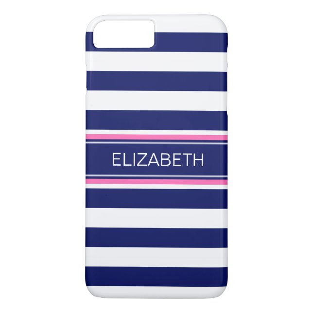 Navy Blue Whisky Stripe Hot Pink Name Monogram Case-Mate iPhone Hülle (Rückseite)