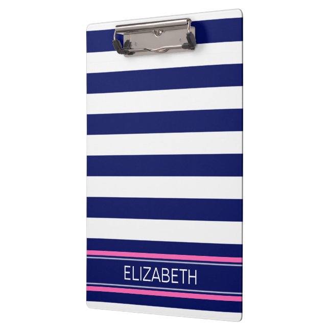 Navy Blue Whisky Stripe Hot Pink Name Monogram Klemmbrett (Links)