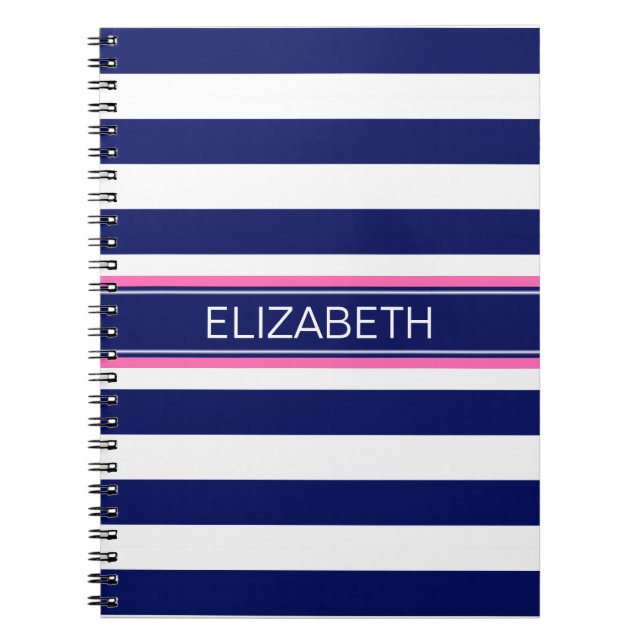 Navy Blue Whisky Stripe Hot Pink Name Monogram Notizblock (Vorderseite)
