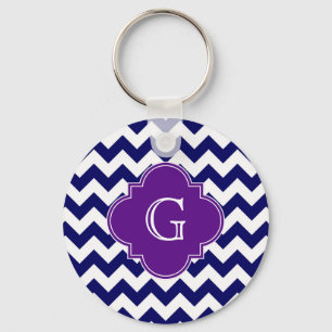 Navy Blue Whit Zickzack Lila Quatrefolienmonogramm Schlüsselanhänger