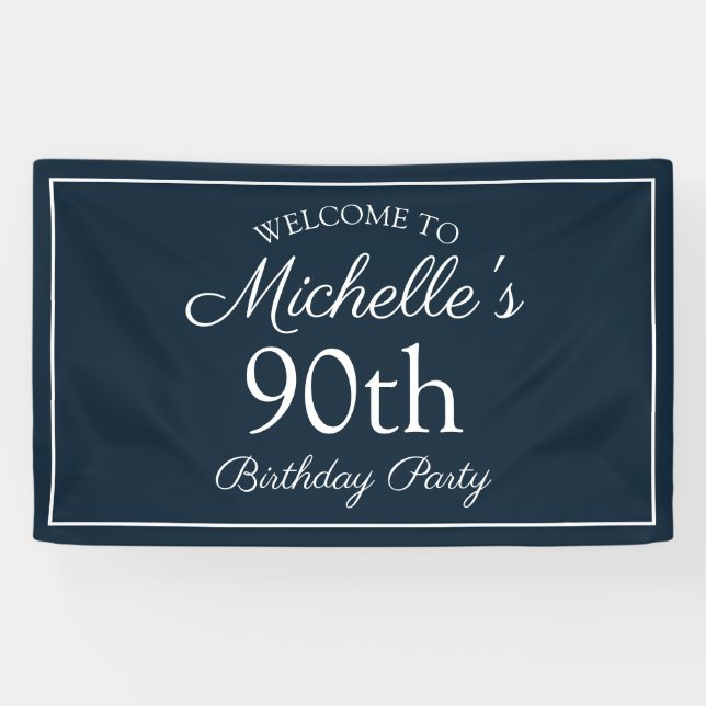 Navy Blue White 90. Geburtstagsparty Banner (Horizontal)