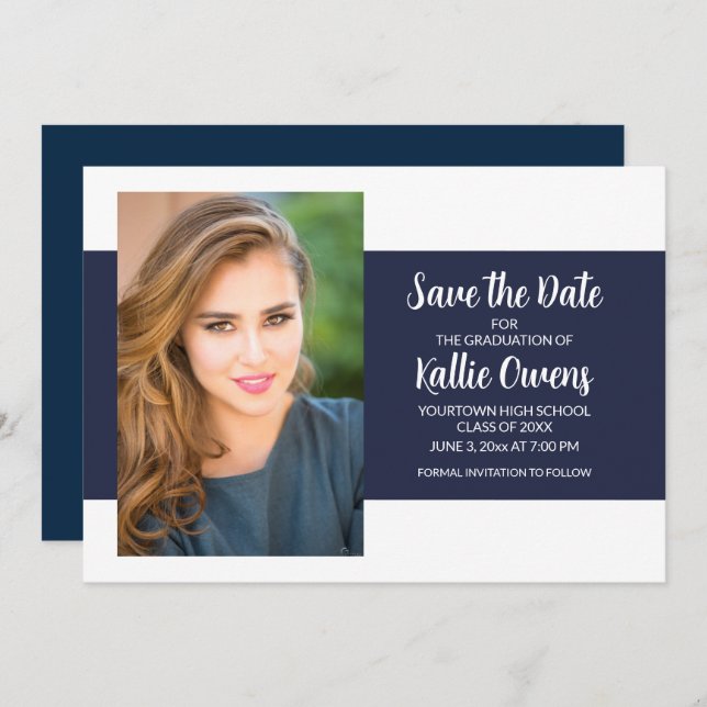 Navy Blue White Abschluss Foto Save the Date Einladung (Vorne/Hinten)