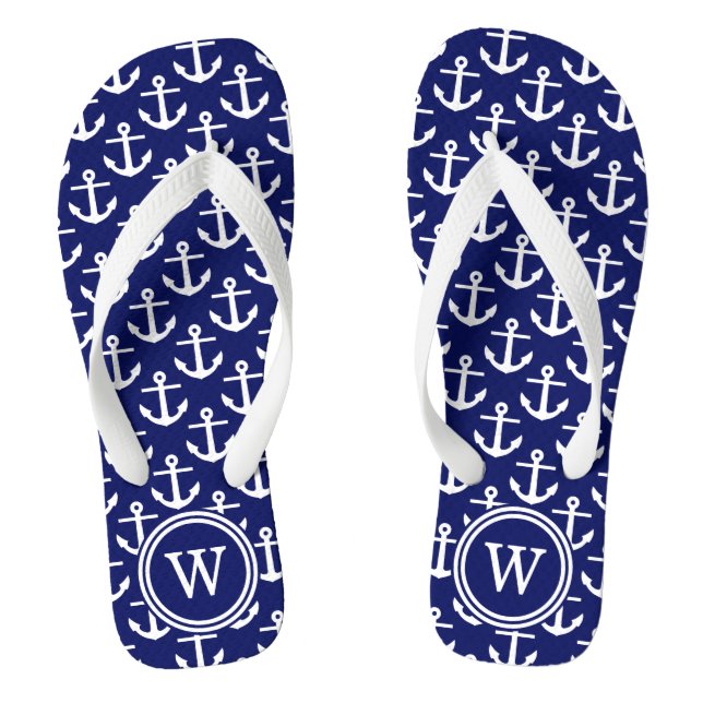 Navy Blue White Anchors Navy Rnd Rnd Monogram Flip Flops (Fußbett)
