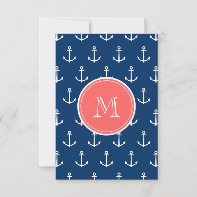 Navy Blue White Anchors Pattern Coral Monogram (Vorderseite)