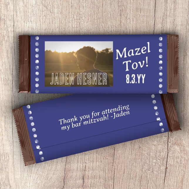 Navy Blue & White Bar Mitzvah Candy Bar Wrapper Flyer (navy blue bar mitzvah personalized photo chocolate candy bar wrapper, custom party favor label)
