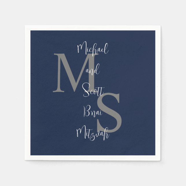 Navy Blue White B'nai Mitzvah Name Monogram Serviette (Vorderseite)