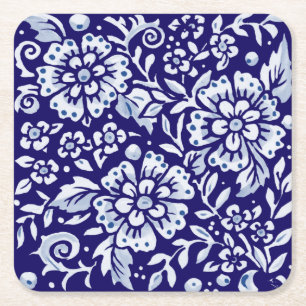 Navy Blue White Bold Floral Chinoiserie Design Rechteckiger Pappuntersetzer
