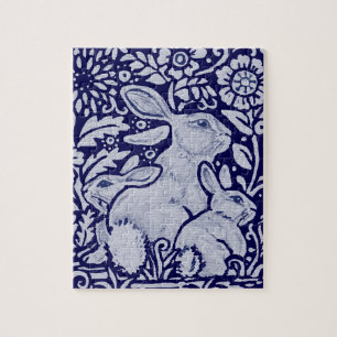 Navy Blue & White Bunny Rabbit Familie & Blume Puzzle