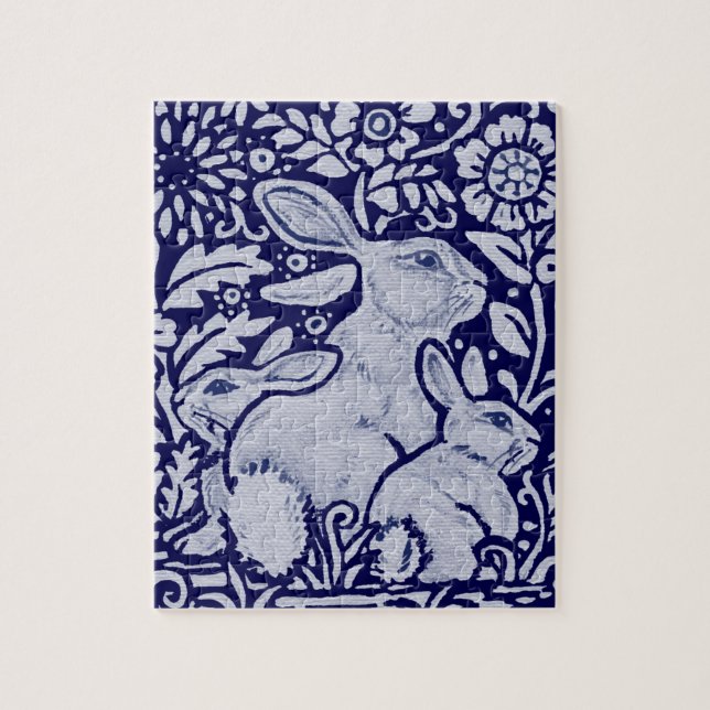 Navy Blue & White Bunny Rabbit Familie & Blume Puzzle (Vertikal)