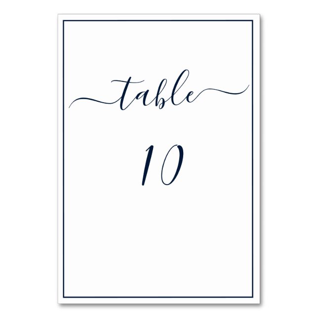 Navy Blue White Calligraphy Script Elegant Wedding Tischnummer (Vorderseite)