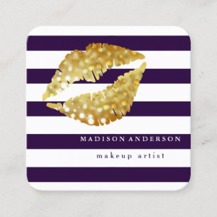 Navy Blue & White Chic Gold Lips - Makeup Artist Quadratische Visitenkarte