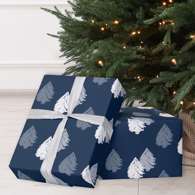 Navy Blue White Christmas Tree Muster Geschenkpapier (Von Creator hochgeladen)