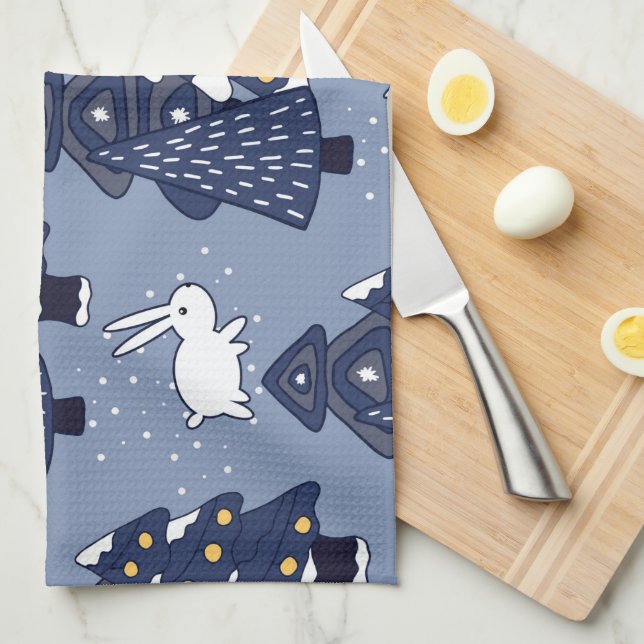 Navy Blue White Christmas Tree Weihnachtsmuster Geschirrtuch (Viertel Falte)