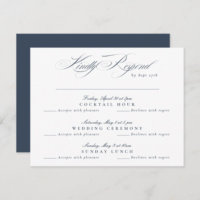 Navy Blue White Classic Calligraphy Multi-Event RSVP Karte (Vorne/Hinten)