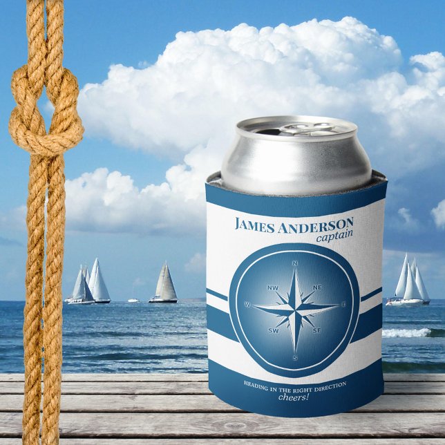 Navy Blue White Compass Nautical Can Cooler Dosenkühler (Can cooler featuring a nautical compass with stripes in navy blue and white.)