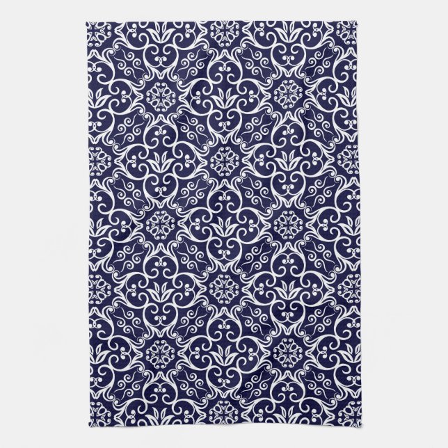 Navy Blue & White Damask Küchentuch (Vertikal)