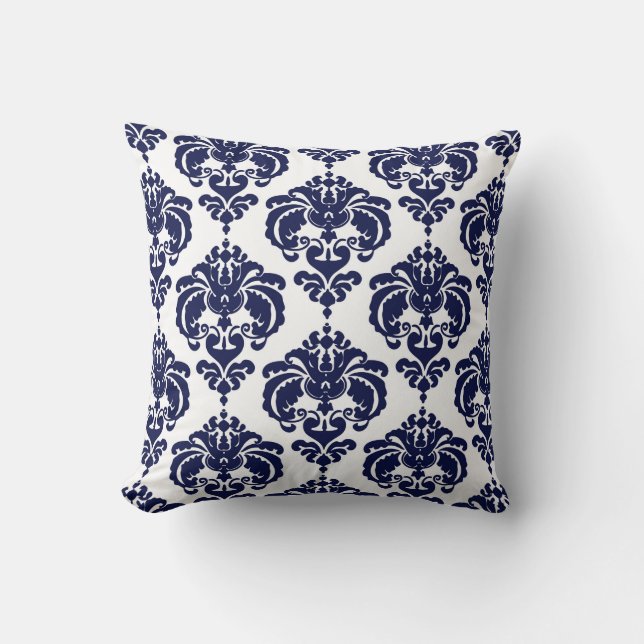 Navy Blue & White Damask Modernes elegantes Muster Kissen (Vorderseite)