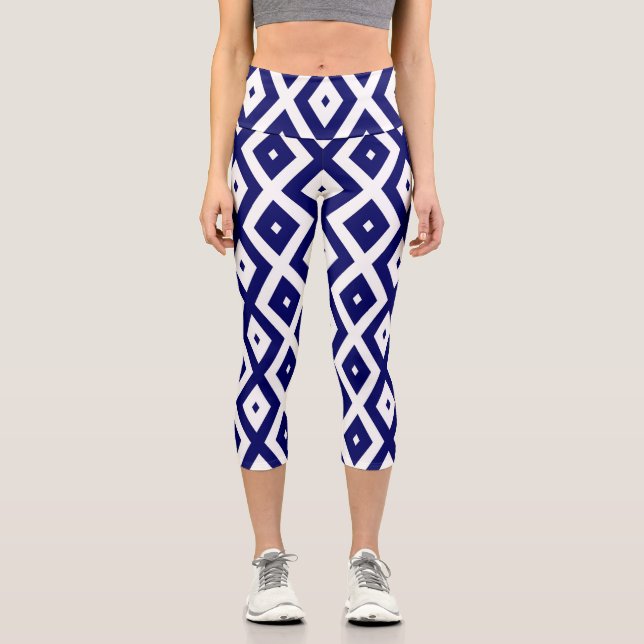 Navy-Blue-White-Diamantmuster Capri Leggings (Vorderseite)