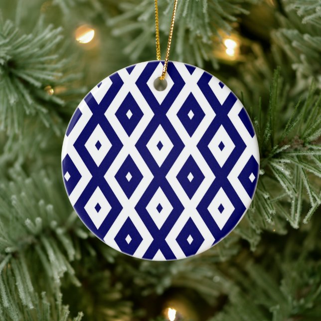 Navy-Blue-White-Diamantmuster Keramik Ornament (Baum)
