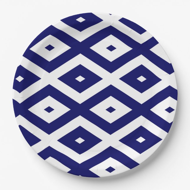 Navy-Blue-White-Diamantmuster Pappteller (Vorderseite)