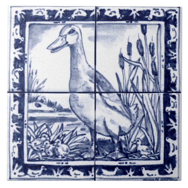 Navy Blue White Duckling Dedham Delft Vintag Fliese (Vorderseite)