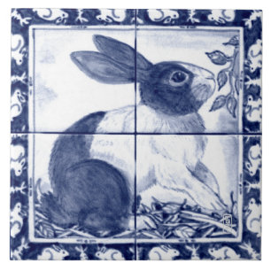Navy Blue White Dutch Rabbit Dedham Delft Mural Fliese
