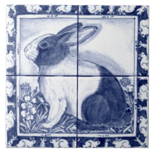 Navy Blue White Dutch Rabbit Dedham Delft Mural Fliese