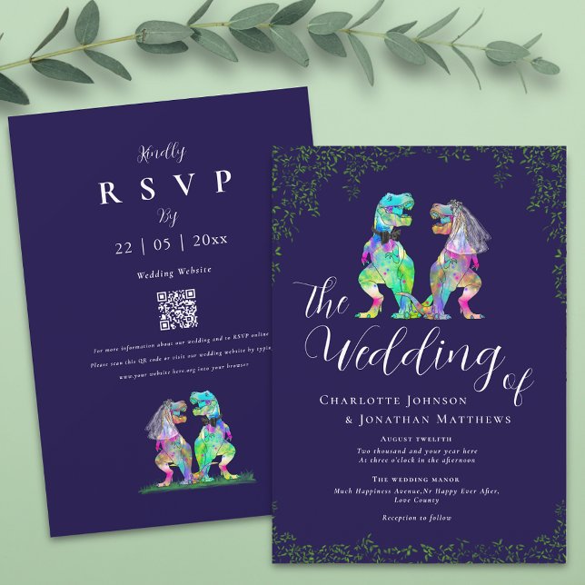 Navy Blue & White Elegant Dinosaur Wedding QR Code Einladung (Navy blue colorful T-Rex bride and groom dinosaur wedding qr code invitation Elegant script )