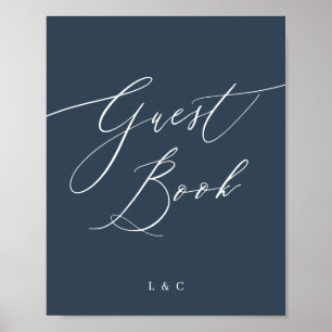 Navy Blue White Elegant Wedding Guest Book Sign Poster