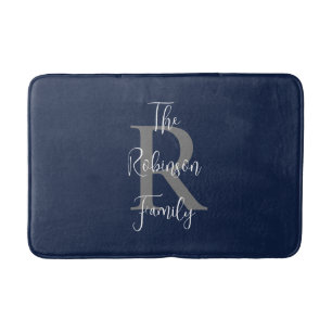 Navy Blue White Family Name Classic Mit Monogramm Badematte