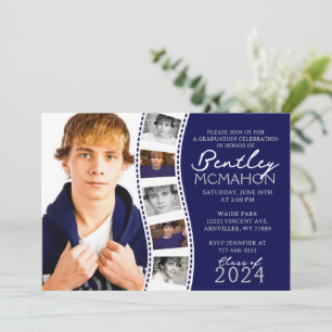 Navy Blue & White Filmstrip 6 Foto Abschluss in Einladung