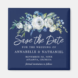 Navy Blue White Flora Winter Save the Date Magnet