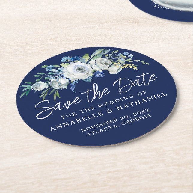 Navy Blue White Flora Winter Save the Date Runder Pappuntersetzer (Angewinkelt)