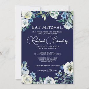 Navy Blue White Floral Beautiful Bat Mitzvah Einladung