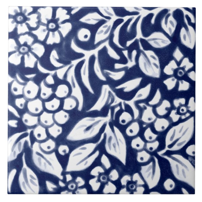 Navy Blue White Floral Berries Leaf Cobalt N Fliese (Vorderseite)